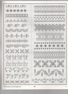 the cross stitch pattern is shown in black and white, as well as some other designs