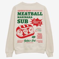 "Sandwich of the day! Relaxed crew neck vanilla cream sweatshirt with Batch1 Deli Meatball Sub poster print and vintage style sandwich character.  Small logo to front, large back print.  Printed sweatshirt by Batch1 Slogan: \"Meatball Marinara Sub - Hey What's Sub!\" Graphics: Small logo to front, large back print. Meatball sub sandwich poster print.  Print: Organic, water-based, eco-friendly ink Style: Crew neck, long sleeves Fit: Unisex fit  | For men: Regular |  For women: Slightly oversized Women's Size Guide:   XS - UK 8  | S - UK 10 | M - UK 12 | L - UK 14 | XL - UK 16 | XXL - UK 18/20 Men's Size Guide: XS - 34\" | S - 36\" | M - 40\" | L - 44\" | XL - 48\" | XXL - 52\"  Material: 80% cotton, 20% polyester, brushed fleece inside   Sustainability: Ethically made to order in the UK  | Cream Graphic Print Crew-neck Top, Cream Crew Neck Top With Graphic Print, Cream Crew Neck Sweatshirt With Graphic Print, Cream Crew Neck Sweatshirt With Letter Print, Retro Crew Sweatshirt With Screen Print, Streetwear Cream Letter Print Sweatshirt, Retro Crew Neck Sweatshirt With Screen Print, Cream Sweatshirt With Letter Print For Streetwear, Cream Letter Print Sweatshirt For Streetwear