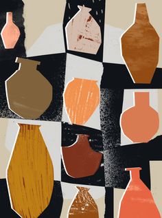 several different vases are shown on a black and white background with orange, red, yellow, and brown colors