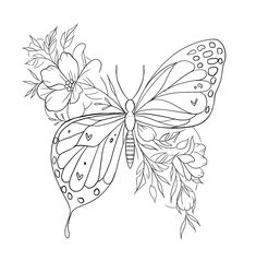 a butterfly with flowers on it's wings is shown in black and white ink