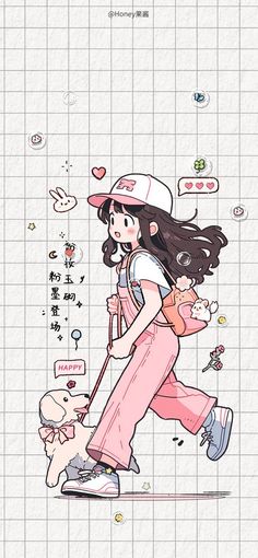 the girl is walking with her dog and wearing a baseball cap, pink overalls