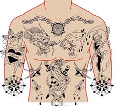 an image of a man with tattoos on his chest and arms, all in different colors