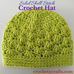 a crochet hat is shown with the text, solid shell stitch crochet hat