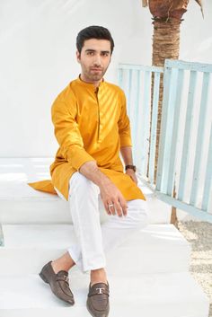 Color: Yellow Fabric: Organic Cotton  Includes:  -Kurta -Trouser -Kurta Trouser:  Breathable Soft Cotton with good fall.  -Mandarin collar  -Full Sleeves  -This is a 2 Piece Stitched Outfit Customize Stitching Available Eid Kurta, Pathani Suit, Man Outfit, Suit White, Kurta Pajama, Eid Collection, Yellow Fabric, Mens Pajamas, Designer Suits