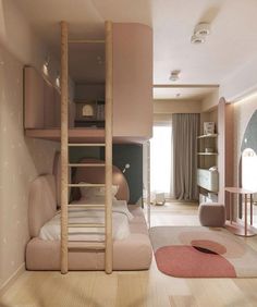 a bedroom with a bunk bed next to a desk and chair in the middle of it