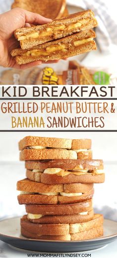 a stack of grilled peanut butter and banana sandwiches on a plate with text overlay