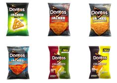 six bags of doritos stacked on top of each other in different colors and flavors