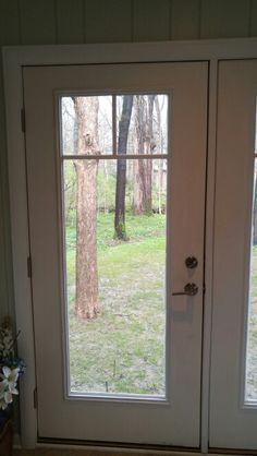 two white double doors in front of a green yard with trees and grass outside the door