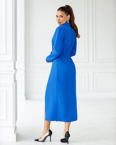 Fabric: Crepe Cotton 75%, Polyester 20%, Elastane 5% Wrap dress Collared neckline Long sleeves Midi length Colors: White, Red, Black, Blue Fitted Maxi Length Office Dress, Fitted Maxi Dress For Office, Blue Long Sleeve Midi Dress For Office, Blue Long Sleeve Maxi Dress For Work, Blue Maxi Dress For Work, Blue Fitted Maxi Dress For Work, Fitted Midi Length Maxi Dress For Office, Blue Midi Length Dress For Work, Blue Long Sleeve Midi Dress For Evening