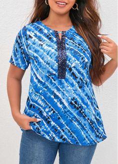 Size:1X;Color:Sky Blue;Size:3X;Size:2X;Clothing's Length:Long;Decoration:Sequin;Pattern Type:Stripe;Style:Casual;Washing Instructions:Hand Wash;Season:Summer;Sleeve's Length:Short Sleeve;Package Contents:1 X Blouse;Composition:95%Polyester，5%Spandex;Color Scheme:Blue;Neckline:Keyhole Neck;Category:Blouses&Shirts;Occasion:Staycation; Sky Blue Blouse, Plus Size Tops For Women, Clothes Plus Size, Sequin Blouse, Plus Size Clothes, Blue Color Schemes, Swimsuit Dress, Striped Sleeve