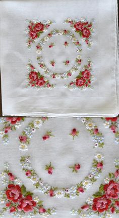 two pictures of different types of cloths with flowers on them, one is white and the other has red roses