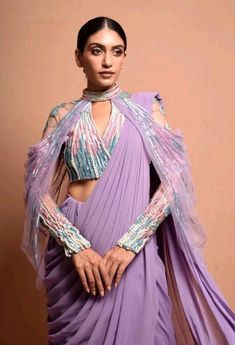 Lavender Saree, Gradient Art, Indian Outfits Lehenga, Saree Gown, Drape Saree, Indian Gowns Dresses, Designer Saree Blouse Patterns, Embellished Blouse