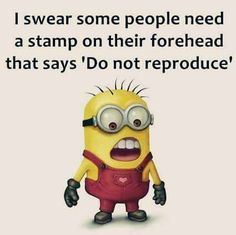 a minion with glasses and overalls saying i swear some people need a stamp on their forehead that says don't not produce