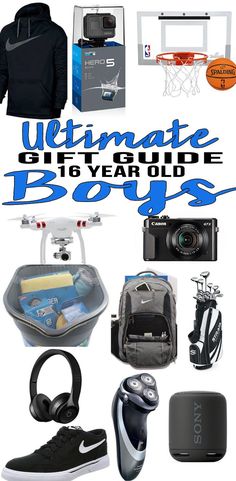 the ultimate gift guide for boys is on display in front of a basketball hoop and other items