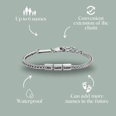 Engraving bracelet for men - Oliver Silver. A silver bracelet with a rectangular engraved plate, an exciting and meaningful gift. Each name add a bead, can add more beads in the future You can engrave the names of your children\your names\date etc. High-quality bracelet resistant to shower, sea and pool 💧 Waterproof and guaranteed to never fade 100% handmade SKU : MP350-WP254 Size : The size of the bracelet - 7" or 7.5" + 1" extension chain.​​ Material : stainless steel Engraving Bracelet, Chains Necklaces, Bracelet For Men, Meaningful Gifts, Silver Bracelets, You Bag, Bracelets For Men, The Future, Silver Bracelet