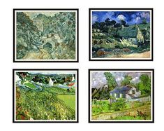 four paintings of houses and trees on a white background, each with different colors in them