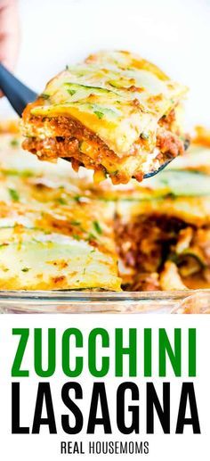 zucchini lasagna in a casserole dish being lifted with a spatula