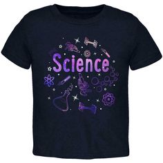 a black t - shirt with the words science written in purple and pink on it