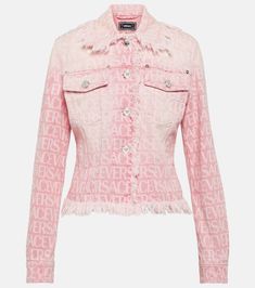 Versace Allover denim jacket Silk Bralette, Versace Jacket, Versace Pink, Versace Shop, Printed Pleated Skirt, Versace Outfit, Textiles Fashion, Denim Jacket Women, Jacket Design