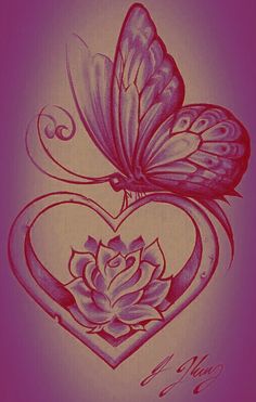 a drawing of a heart with a butterfly on top of it and a rose in the middle