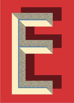 the letter e is made up of squares and rectangles on a red background