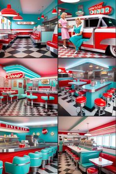 the interior of a diner with red, blue and white tables and chairs in it