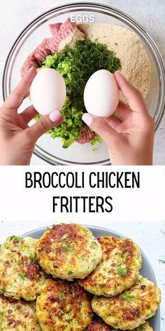 broccoli chicken fritters on a plate with eggs