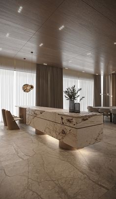 a large marble counter in a living room