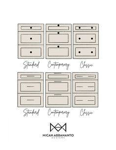 the different types of cabinets are shown in black and white, including one for each cabinet