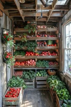 an open air market with lots of vegetables and fruits in wooden crates on the shelves