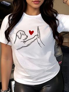 Dog & Heart Printed T-Shirt, Cute Cartoon Dog Printed Shirt, Round Neck Short Sleeve Top For Women, Summer Casual Graphic Tees Women Tops White Casual  Short Sleeve Knitted Fabric Animal,Cartoon,Colorblock,Figure,Geometric,Heart,Letter,Plants  Slight Stretch Summer Women Clothing, size features are:Bust: ,Length: ,Sleeve Length: Cartoon Dog, Heart Print, White Casual, Summer Casual, Summer Women, Casual Tops, All Fashion, Womens Tees, Print T Shirt