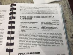 the menu for pork chops with gorgonozola and pears is open