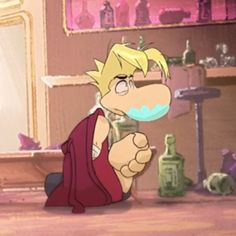 a cartoon character holding a lollipop in front of his mouth and looking at the camera