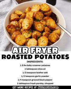 an advertisement for air fryer roasted potatoes in a white bowl with spoons on the side