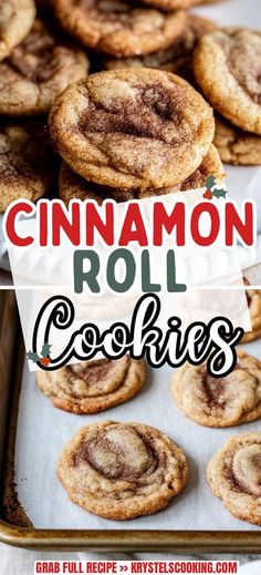 cinnamon roll cookies on a baking sheet with the title overlay reading cinnamon roll cookies