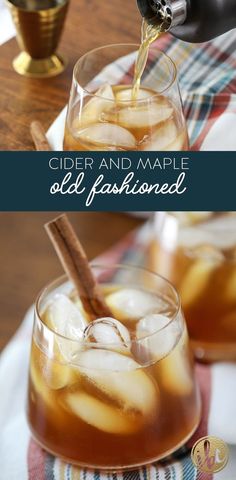 an old fashioned cider and maple old fashioned is being poured into a glass with ice