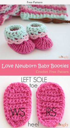 two crocheted baby booties with the words love newborn babies written on them