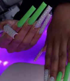 Green Xl Nails, Glittery Acrylic Nails, Xl Nails, Fye Nails