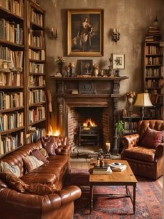 a living room filled with furniture and a fire place in the middle of bookshelves