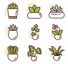 potted plants line icon set