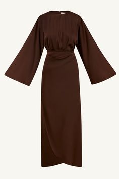 Introducing our Cedra Satin Wrap Maxi Dress in Chocolate, perfect for any formal occasion. This luxurious, full-length dress features a wrap front design, stunning flare sleeves, and a versatile tie waist for a flattering silhouette. Elevate your style with this elegant and sophisticated piece. Model is 5'7 and is wearing size XS/58". Simple Engagement Dress, Comfy Trendy Outfits, Chocolate Brown Dress, Full Sleeves Design, White Dress Formal, Chic Dress Classy, Mode Abaya, Modest Dresses Casual, Black Dress With Sleeves