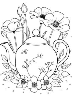 a teapot with flowers and leaves on it, coloring pages for adults to print