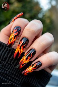 #halloween nail designs #halloween nails acrylic #halloween nails design #halloween nails designs,halloween nail art,halloween nails 2024 Orange Flames Nails, Red And Orange Flame Nails, Fire Flame Nail Design, Acrylic Nails Fire Design, Nail Designs With Flames, Fire Inspired Nails, Flame Art Nails, Red Fire Nails Designs, Black Fire Nails Designs