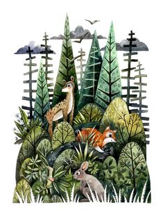 a painting of animals and trees in the woods