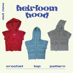 two knitted sweaters with the words heir hood written in blue, red and grey