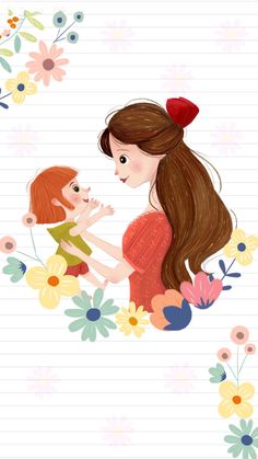 a drawing of a woman holding a baby in her arms with flowers on the background