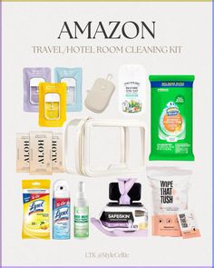 an advertisement for the amazon travel - hotel room cleaning kit, including toiletries and hand sanitizers