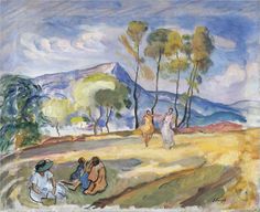 a painting of people sitting on the ground in front of some trees and hills with mountains in the background