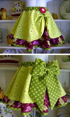 two pictures of the same skirt with different colors and patterns on it, one has a bow at the waist