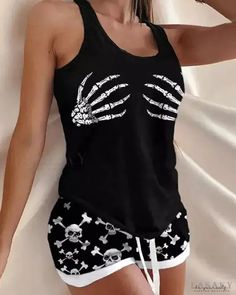 Lasaky - Halloween Skull Hands Print Drawstring Pajamas Set Homewear Woman, Two Piece Short Set, Straight Clothes, Summer Shorts Outfits, Sleeveless Suit, Woman Casual, Skull Clothing, 90's Grunge, Skull Fashion